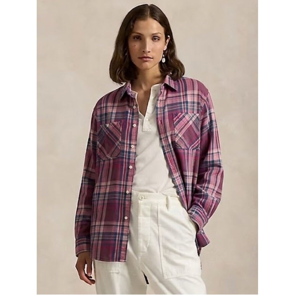 Lauren Ralph Lauren Pink & Blue Plaid Button-Up Shirt Sz XL Preppy Chic Coastal